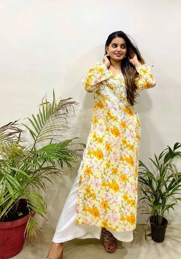 Flowery Yellow Cotton Kurti with White Chikankari Embroidery-1.webp